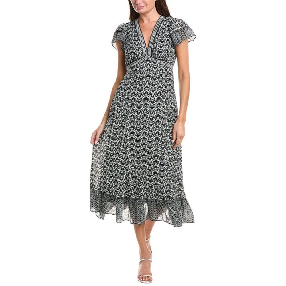 Max Studio Womens V-Neck Ruffle Sleeve & Hem Midi Dress, White
